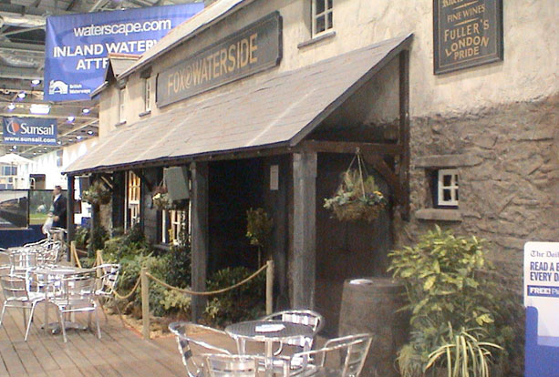 Indoor pub set in an exhibition hall
